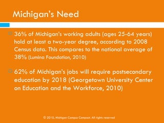 The CPV Definition of College

            The term “college” refers to:
                  Colleges           and Universities (4 years)

                  Community              and Junior Colleges
                     (2 years)

                  Vocational,   Technical, and Business
                     Schools (certificate programs with
                     various completion times)

      © 2010, Michigan Campus Compact. All rights reserved
 