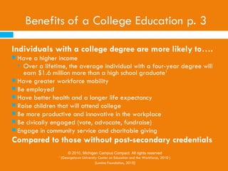 Why Educational Attainment?
   Common Good Forecaster
    http://apps.unitedway.org/forecaster/

   County Health Rankings
       23% of children under age 18 living in poverty1


   Organisation for Economic Co-operation and
    Development (OECD)

                  © 2010, Michigan Campus Compact. All rights reserved
                  1
                   (County Health Rankings, 2012, http://ow.ly/aNGG2)
 