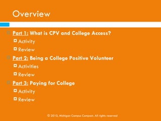 Overview
   Part 1: What is CPV and College Access?
     Activity

     Review

   Part 2: Being a College Positive Volunteer
     Activities

     Review

   Part 3: Paying for College
     Activity

     Review



                  © 2010, Michigan Campus Compact. All rights reserved
 