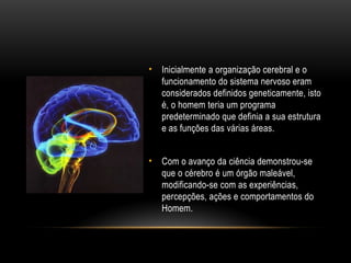 • Inicialmente a organização cerebral e o
funcionamento do sistema nervoso eram
considerados definidos geneticamente, isto
é, o homem teria um programa
predeterminado que definia a sua estrutura
e as funções das várias áreas.
• Com o avanço da ciência demonstrou-se
que o cérebro é um órgão maleável,
modificando-se com as experiências,
percepções, ações e comportamentos do
Homem.
 