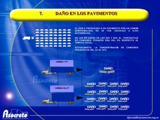 7. DAÑO EN LOS PAVIMENTOS  EL DAÑO PRODUCIDO A UN PAVIMENTO POR UN CAMIÓN SEMIREMOLQUE DE 36 TON. EQUIVALE A 9,523 AUTOMÓVILES. EN LAS DÉCADAS DE LOS 50S Y 60S, EL  PORCENTAJE DE CAMIONES PESADOS ERA DEL 6% RESPECTO AL TRÁFICO TOTAL. ACTUALMENTE, LA CONCENTRACIÓN DE CAMIONES PESADOS ES DEL 25 AL 40%. 