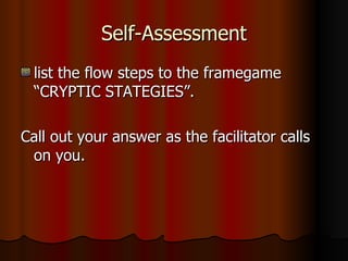 Self-Assessment list the flow steps to the framegame “CRYPTIC STATEGIES”. Call out your answer as the facilitator calls on you. 