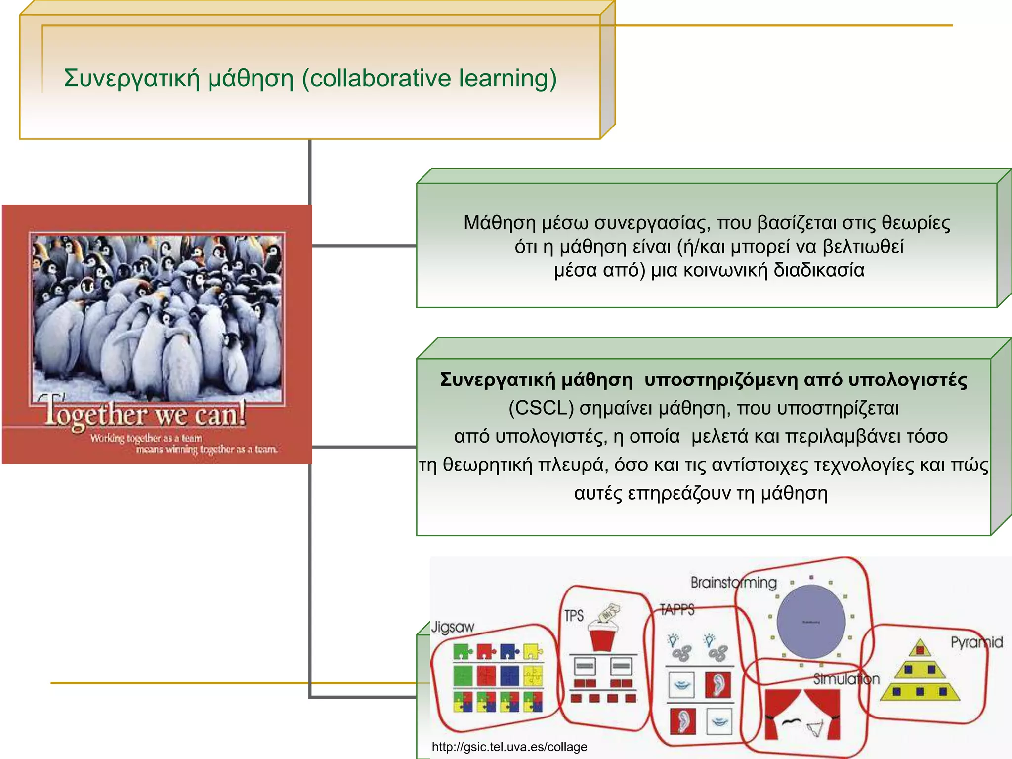 ΢πλεξγαηηθή κάζεζε (collaborative learning)




                                      Μάζεζε κέζσ ζπλεξγαζίαο, πνπ βαζίδεηαη ζηηο ζεσξίεο
                                          όηη ε κάζεζε είλαη (ή/θαη κπνξεί λα βειηησζεί
                                               κέζα από) κηα θνηλσληθή δηαδηθαζία




                                 Σσνεργαηική μάθηζη σποζηηριζόμενη από σπολογιζηές
                                       (CSCL) ζεκαίλεη κάζεζε, πνπ ππνζηεξίδεηαη
                                  από ππνινγηζηέο, ε νπνία κειεηά θαη πεξηιακβάλεη ηόζν
                              ηε ζεσξεηηθή πιεπξά, όζν θαη ηηο αληίζηνηρεο ηερλνινγίεο θαη πώο
                                              απηέο επεξεάδνπλ ηε κάζεζε




                                                                                        5
                                http://gsic.tel.uva.es/collage
 