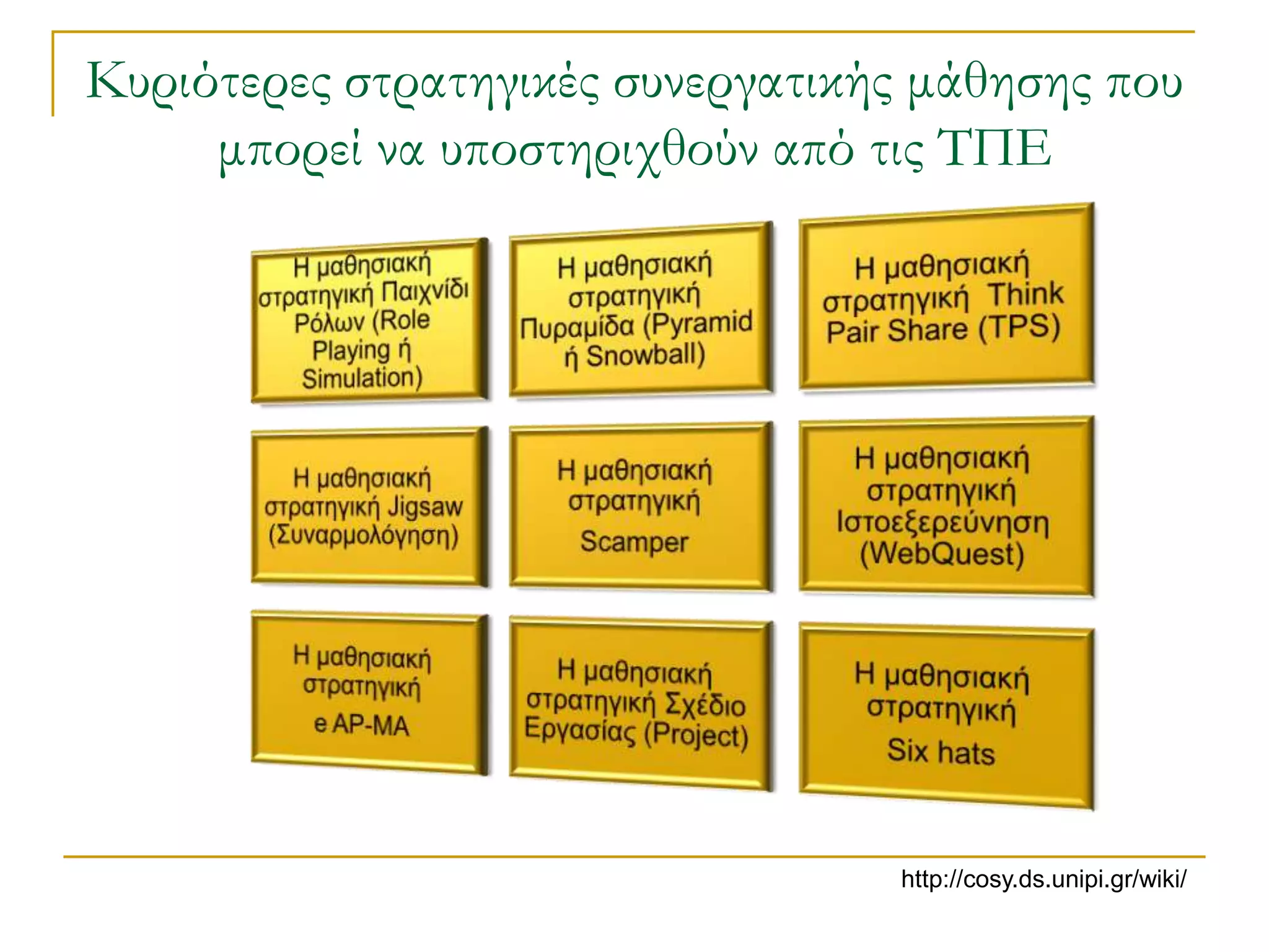 Κυριότερες στρατηγικές συνεργατικής μάθησης που
     μπορεί να υποστηριχθούν από τις ΣΠΕ




                                  http://cosy.ds.unipi.gr/wiki/
 