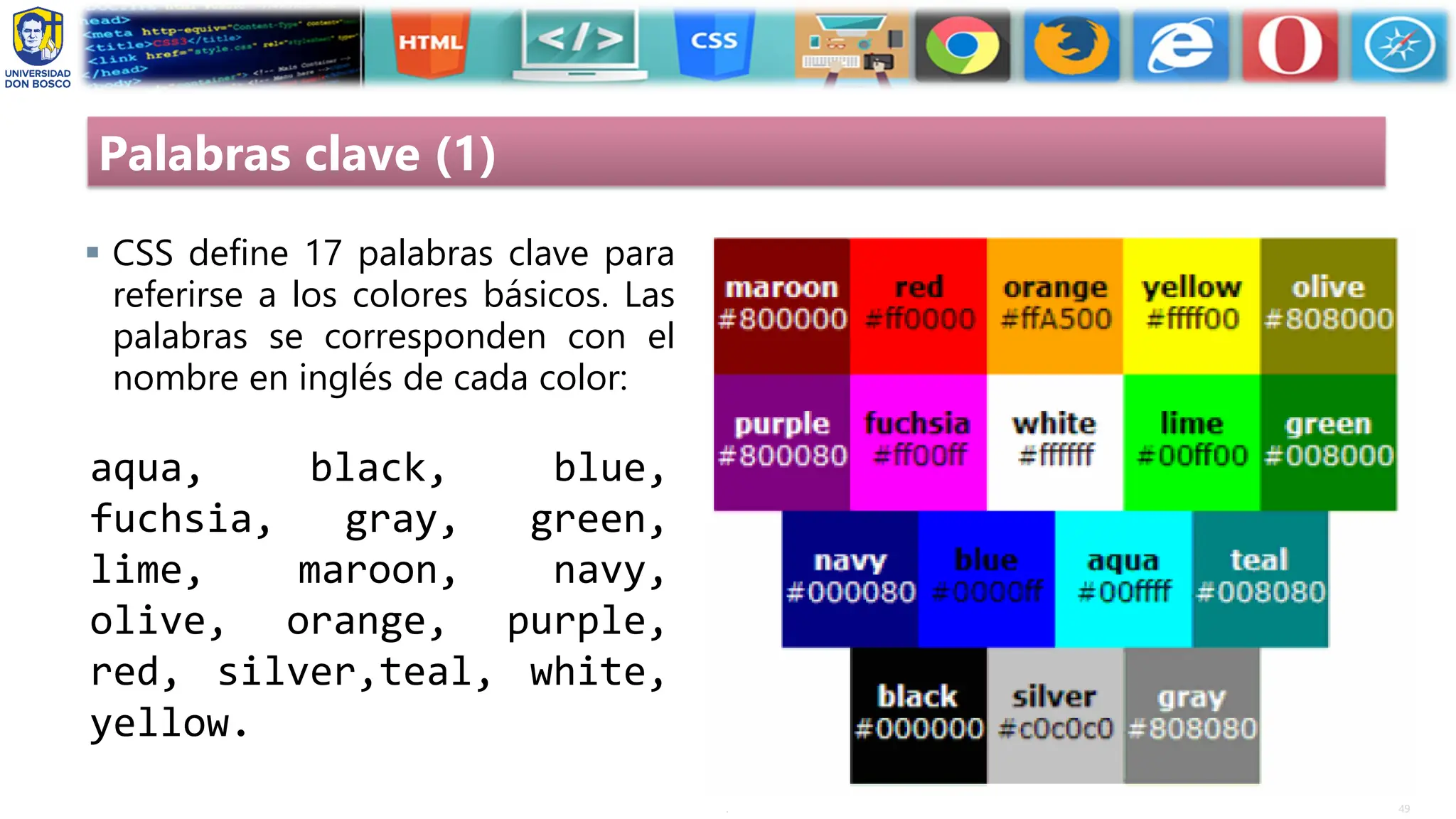 49
.
Palabras clave (1)
▪ CSS define 17 palabras clave para
referirse a los colores básicos. Las
palabras se corresponden con el
nombre en inglés de cada color:
aqua, black, blue,
fuchsia, gray, green,
lime, maroon, navy,
olive, orange, purple,
red, silver,teal, white,
yellow.
 
