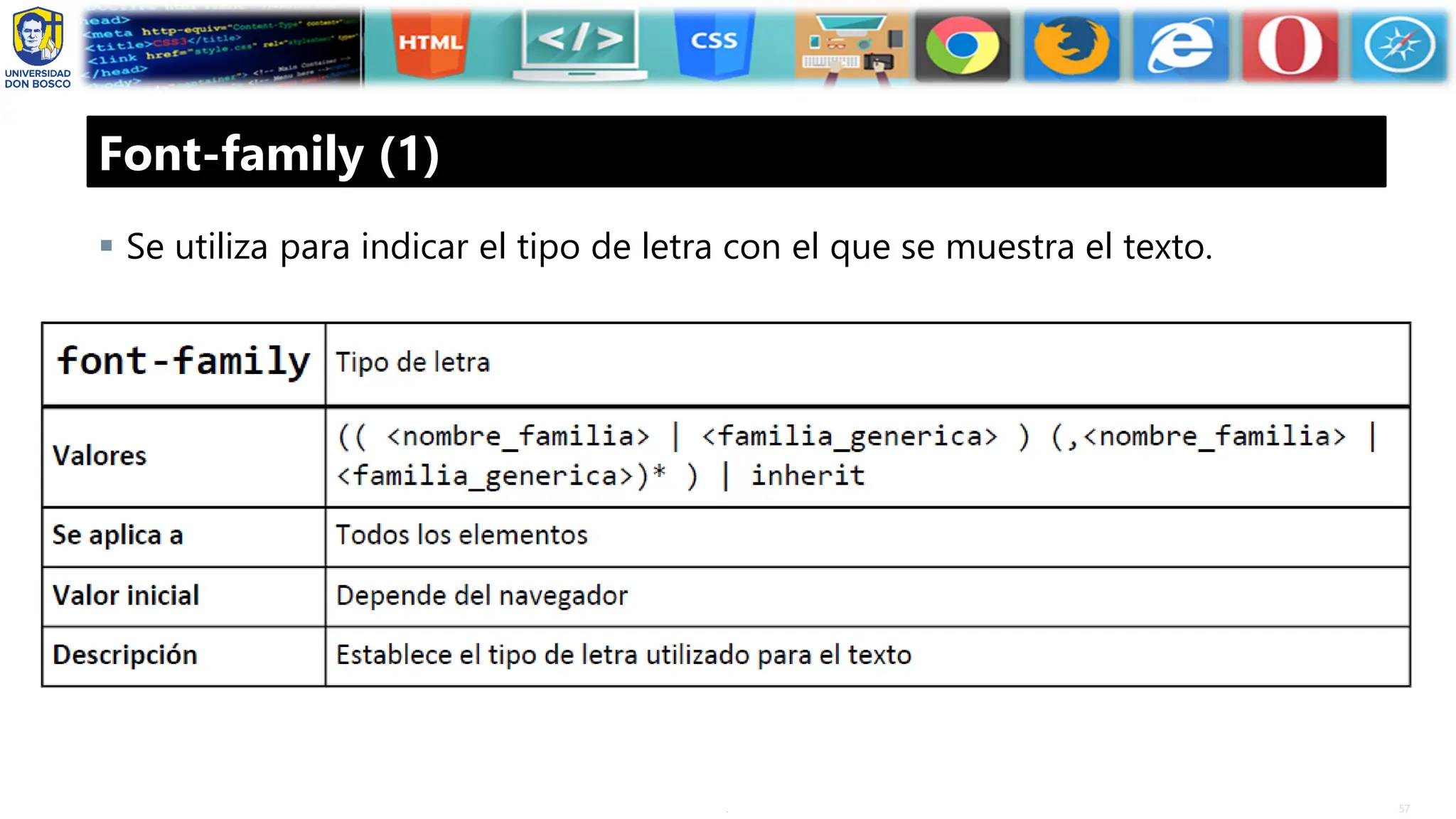 57
.
Font-family (1)
▪ Se utiliza para indicar el tipo de letra con el que se muestra el texto.
 