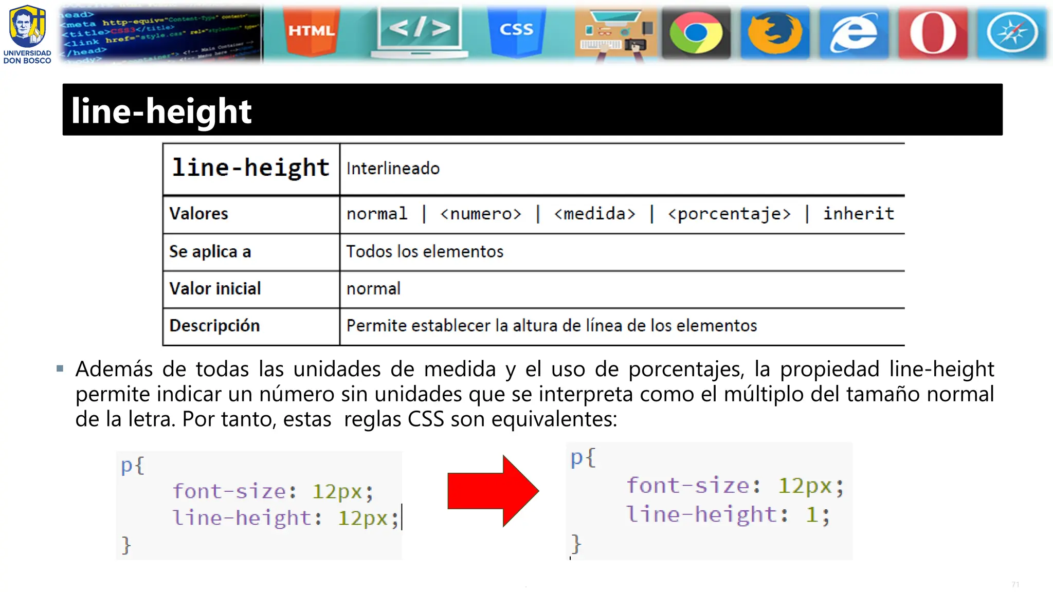 71
.
line-height
▪ Además de todas las unidades de medida y el uso de porcentajes, la propiedad line-height
permite indicar un número sin unidades que se interpreta como el múltiplo del tamaño normal
de la letra. Por tanto, estas reglas CSS son equivalentes:
 