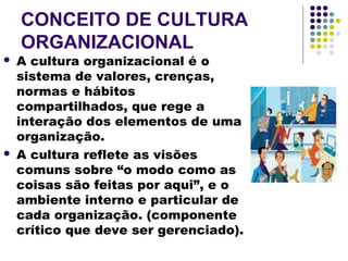 CONCEITO DE CULTURA
ORGANIZACIONAL
 A cultura organizacional é o
sistema de valores, crenças,
normas e hábitos
compartilhados, que rege a
interação dos elementos de uma
organização.
 A cultura reflete as visões
comuns sobre “o modo como as
coisas são feitas por aqui”, e o
ambiente interno e particular de
cada organização. (componente
crítico que deve ser gerenciado).
 