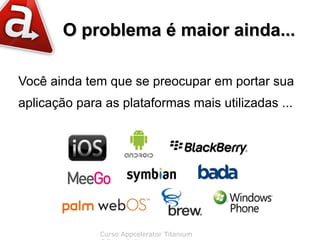 O problema é maior ainda...

Você ainda tem que se preocupar em portar sua
aplicação para as plataformas mais utilizadas ...




              Curso Appcelerator Titanium
 