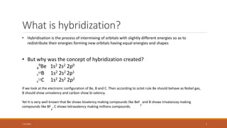 What is hybridization?
• Hybridisation is the process of intermixing of orbitals with slightly different energies so as to
redistribute their energies forming new orbitals having equal energies and shapes
• But why was the concept of hybridization created?
4
9Be 1s2 2s2 2p0
5
10B 1s2 2s2 2p1
6
12C 1s2 2s2 2p2
If we look at the electronic configuration of Be, B and C. Then according to octet rule Be should behave as Nobel gas,
B should show univalency and carbon show bi valency.
Yet It is very well known that Be shows bivalency making compounds like BeF
2
and B shows trivalancey making
compounds like BF
3
, C shows tetravalency making millions compounds.
7-12-2021 1
 