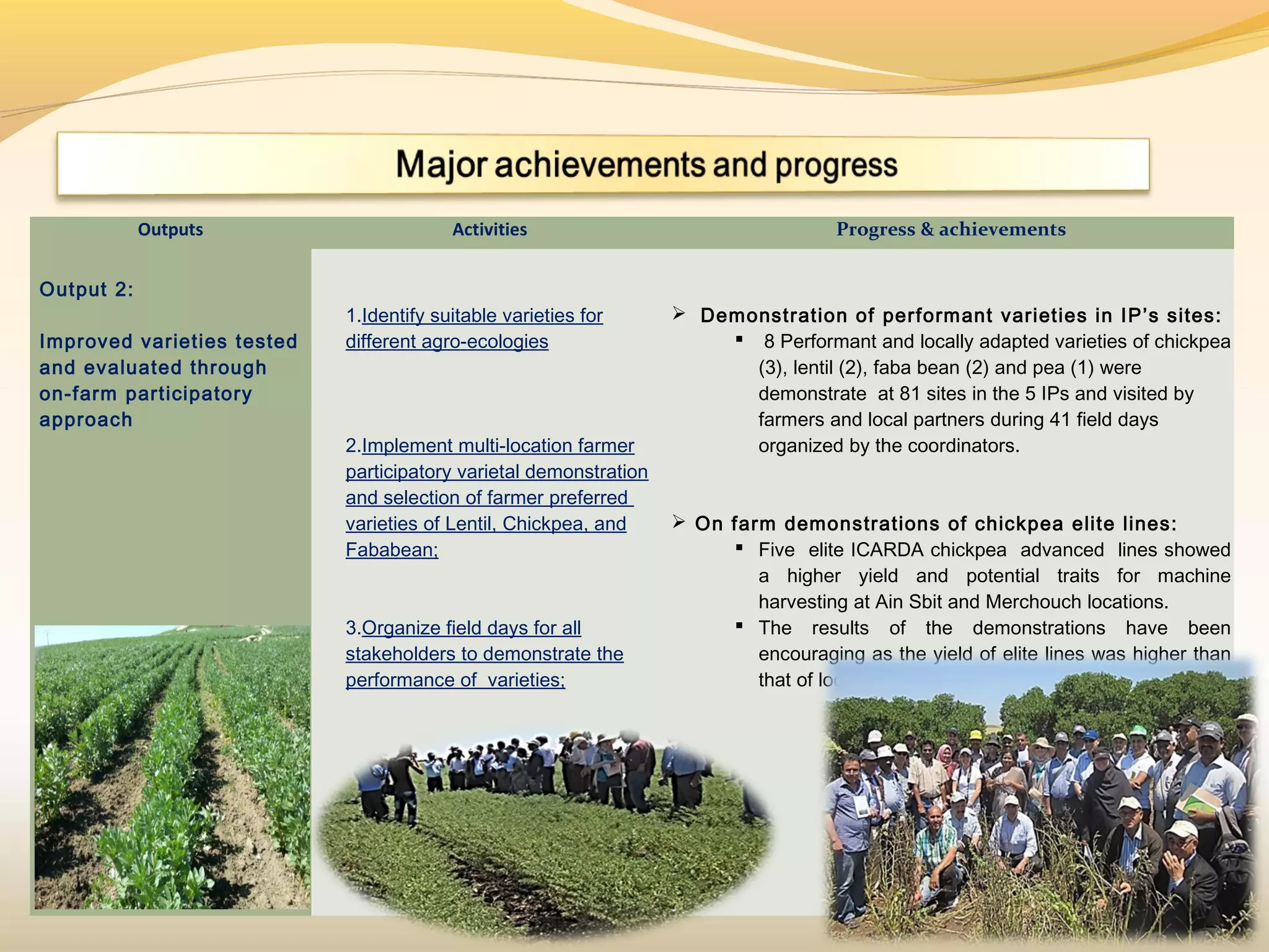 Outputs Activities Progress & achievements
Output 2:
 
Improved varieties tested
and evaluated through
on-farm participatory
approach
 
1.Identify suitable varieties for
different agro-ecologies
2.Implement multi-location farmer
participatory varietal demonstration
and selection of farmer preferred
varieties of Lentil, Chickpea, and
Fababean;
3.Organize field days for all
stakeholders to demonstrate the
performance of varieties;
  Demonstration of performant varieties in IP’s sites:
  8 Performant and locally adapted varieties of chickpea
(3), lentil (2), faba bean (2) and pea (1) were
demonstrate at 81 sites in the 5 IPs and visited by
farmers and local partners during 41 field days
organized by the coordinators.
 On farm demonstrations of chickpea elite lines:
 Five elite ICARDA chickpea advanced lines showed
a higher yield and potential traits for machine
harvesting at Ain Sbit and Merchouch locations.
 The results of the demonstrations have been
encouraging as the yield of elite lines was higher than
that of local variety Farihane.
 