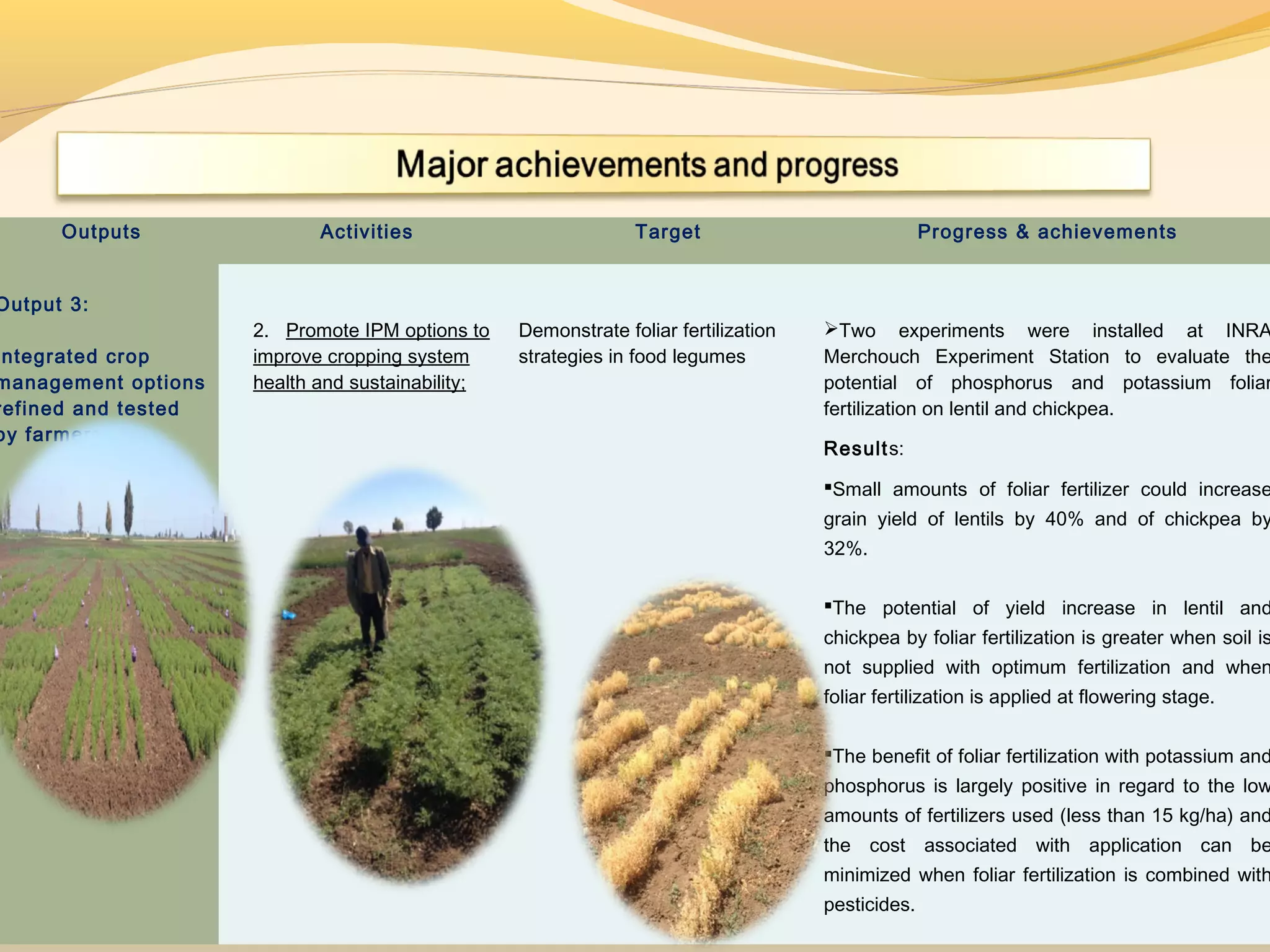 Outputs Activities Target Progress & achievements
Output 3:
ntegrated crop
management options
refined and tested
by farmers
2. Promote IPM options to
improve cropping system
health and sustainability;
Demonstrate foliar fertilization
strategies in food legumes
Two experiments were installed at INRA
Merchouch Experiment Station to evaluate the
potential of phosphorus and potassium foliar
fertilization on lentil and chickpea.
 
Results:
 
Small amounts of foliar fertilizer could increase
grain yield of lentils by 40% and of chickpea by
32%.
The potential of yield increase in lentil and
chickpea by foliar fertilization is greater when soil is
not supplied with optimum fertilization and when
foliar fertilization is applied at flowering stage.
The benefit of foliar fertilization with potassium and
phosphorus is largely positive in regard to the low
amounts of fertilizers used (less than 15 kg/ha) and
the cost associated with application can be
minimized when foliar fertilization is combined with
pesticides.
 