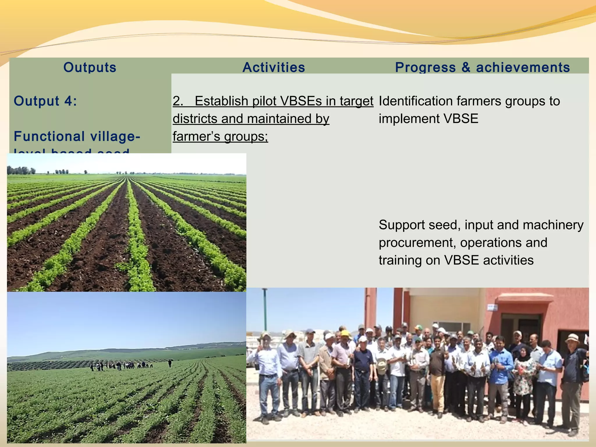Outputs Activities Progress & achievements
Output 4:
 
Functional village-
level based seed
delivery systems
established
 
2. Establish pilot VBSEs in target
districts and maintained by
farmer’s groups;
Identification farmers groups to
implement VBSE
 
 
Support seed, input and machinery
procurement, operations and
training on VBSE activities
 
 