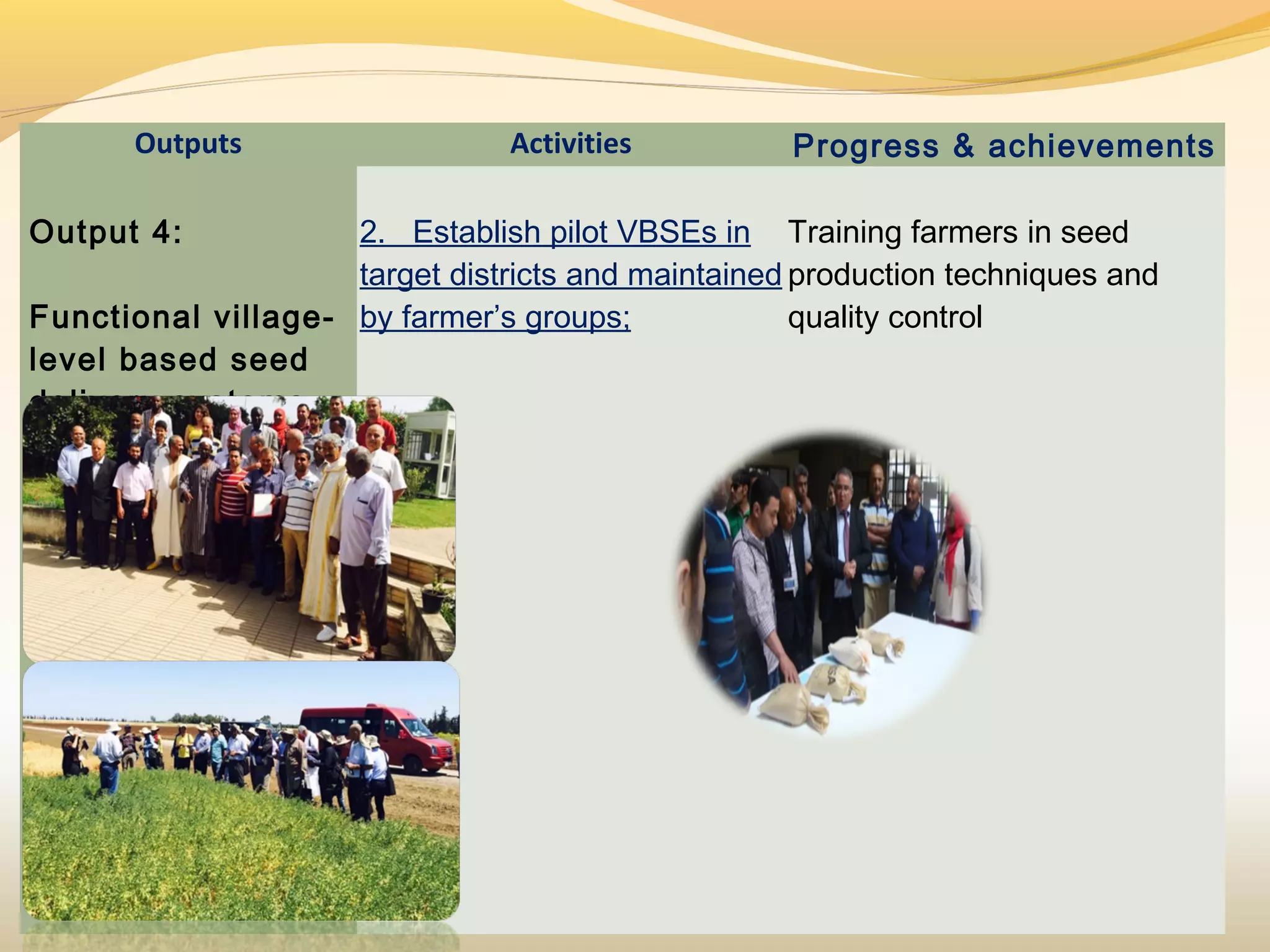 Outputs Activities Progress & achievements
Output 4:
 
Functional village-
level based seed
delivery systems
established
 
2. Establish pilot VBSEs in
target districts and maintained
by farmer’s groups;
Training farmers in seed
production techniques and
quality control
 