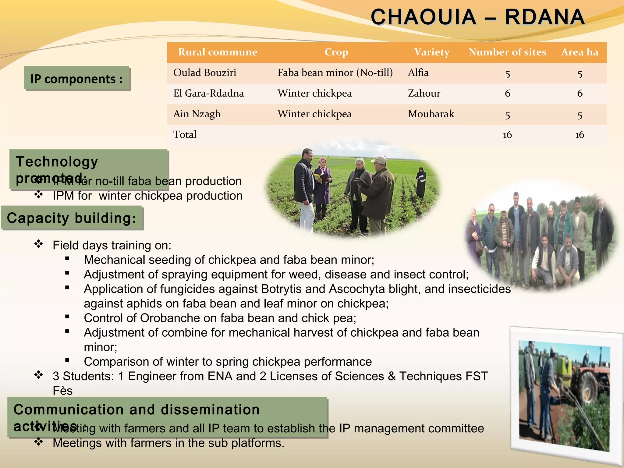 CHAOUIA – RDANACHAOUIA – RDANA
 Field days training on:
 Mechanical seeding of chickpea and faba bean minor;
 Adjustment of spraying equipment for weed, disease and insect control;
 Application of fungicides against Botrytis and Ascochyta blight, and insecticides
against aphids on faba bean and leaf minor on chickpea;
 Control of Orobanche on faba bean and chick pea;
 Adjustment of combine for mechanical harvest of chickpea and faba bean
minor;
 Comparison of winter to spring chickpea performance
 3 Students: 1 Engineer from ENA and 2 Licenses of Sciences & Techniques FST
Fès
IP components :IP components :
Technology
promoted:
Technology
promoted: IPM for no-till faba bean production
 IPM for winter chickpea production
Communication and dissemination
activities :
Communication and dissemination
activities :
Capacity building:Capacity building:
 Meeting with farmers and all IP team to establish the IP management committee
 Meetings with farmers in the sub platforms.
Rural commune Crop Variety Number of sites Area ha
Oulad Bouziri Faba bean minor (No-till) Alfia 5 5
El Gara-Rdadna Winter chickpea Zahour 6 6
Ain Nzagh Winter chickpea Moubarak 5 5
Total 16 16
 