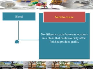 Blend
No difference exist between locations
in a blend that could aversely affect
finished product quality
Need to ensure
 