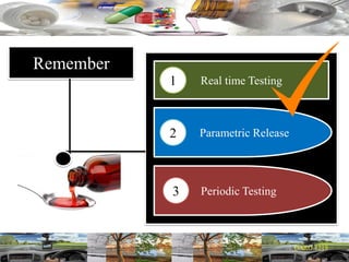Remember
Parametric Release
Periodic Testing
Real time Testing1
2
3
 