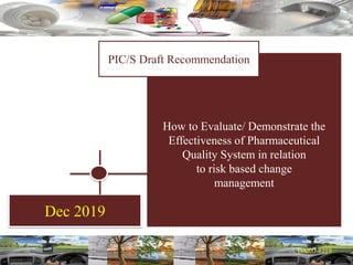 Dec 2019
How to Evaluate/ Demonstrate the
Effectiveness of Pharmaceutical
Quality System in relation
to risk based change
management
PIC/S Draft Recommendation
 