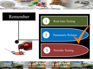 Remember
Parametric Release
Periodic Testing
Real time Testing1
2
3
 
