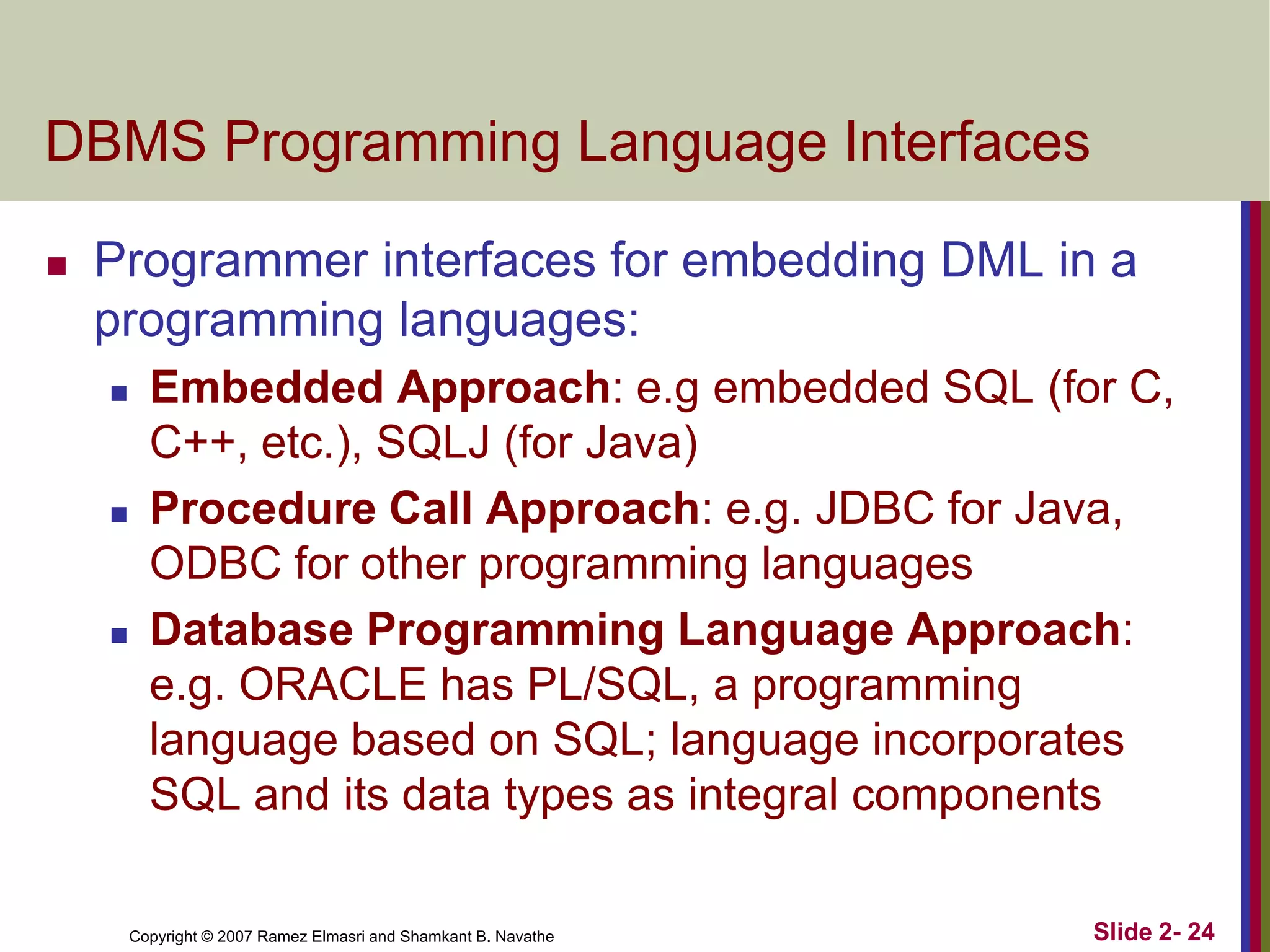 DBMS Programming Language Interfaces


Programmer interfaces for embedding DML in a
programming languages:






Embedded Approach: e.g embedded SQL (for C,
C++, etc.), SQLJ (for Java)
Procedure Call Approach: e.g. JDBC for Java,
ODBC for other programming languages
Database Programming Language Approach:
e.g. ORACLE has PL/SQL, a programming
language based on SQL; language incorporates
SQL and its data types as integral components
Copyright © 2007 Ramez Elmasri and Shamkant B. Navathe

Slide 2- 24

 