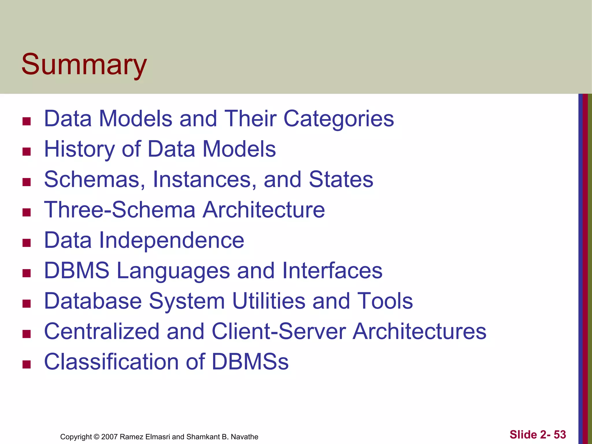 Summary











Data Models and Their Categories
History of Data Models
Schemas, Instances, and States
Three-Schema Architecture
Data Independence
DBMS Languages and Interfaces
Database System Utilities and Tools
Centralized and Client-Server Architectures
Classification of DBMSs

Copyright © 2007 Ramez Elmasri and Shamkant B. Navathe

Slide 2- 53

 