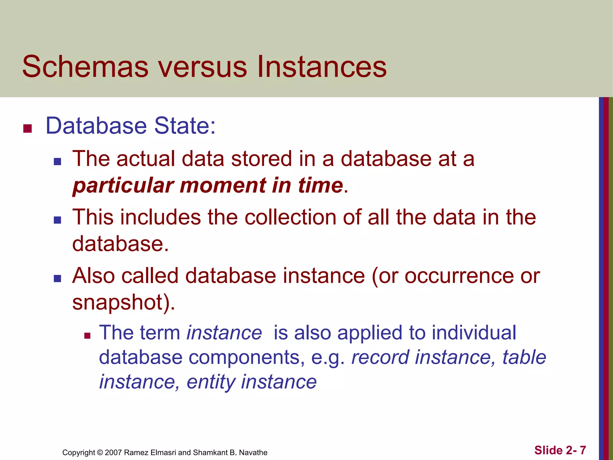 Schemas versus Instances


Database State:






The actual data stored in a database at a
particular moment in time.
This includes the collection of all the data in the
database.
Also called database instance (or occurrence or
snapshot).


The term instance is also applied to individual
database components, e.g. record instance, table
instance, entity instance

Copyright © 2007 Ramez Elmasri and Shamkant B. Navathe

Slide 2- 7

 