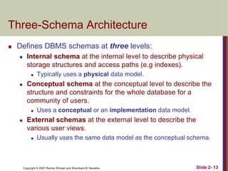 Three-Schema Architecture


Defines DBMS schemas at three levels:


Internal schema at the internal level to describe physical
storage structures and access paths (e.g indexes).




Conceptual schema at the conceptual level to describe the
structure and constraints for the whole database for a
community of users.




Typically uses a physical data model.

Uses a conceptual or an implementation data model.

External schemas at the external level to describe the
various user views.


Usually uses the same data model as the conceptual schema.

Copyright © 2007 Ramez Elmasri and Shamkant B. Navathe

Slide 2- 13

 