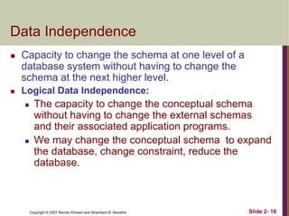 Data Independence


Capacity to change the schema at one level of a
database system without having to change the
schema at the next higher level.



Logical Data Independence:




The capacity to change the conceptual schema
without having to change the external schemas
and their associated application programs.
We may change the conceptual schema to expand
the database, change constraint, reduce the
database.

Copyright © 2007 Ramez Elmasri and Shamkant B. Navathe

Slide 2- 16

 
