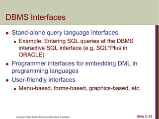 DBMS Interfaces


Stand-alone query language interfaces






Example: Entering SQL queries at the DBMS
interactive SQL interface (e.g. SQL*Plus in
ORACLE)

Programmer interfaces for embedding DML in
programming languages
User-friendly interfaces


Menu-based, forms-based, graphics-based, etc.

Copyright © 2007 Ramez Elmasri and Shamkant B. Navathe

Slide 2- 23

 