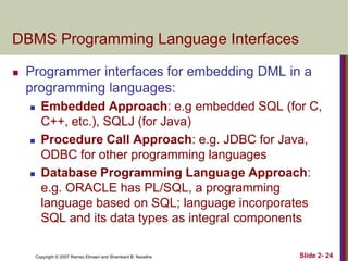 DBMS Programming Language Interfaces


Programmer interfaces for embedding DML in a
programming languages:






Embedded Approach: e.g embedded SQL (for C,
C++, etc.), SQLJ (for Java)
Procedure Call Approach: e.g. JDBC for Java,
ODBC for other programming languages
Database Programming Language Approach:
e.g. ORACLE has PL/SQL, a programming
language based on SQL; language incorporates
SQL and its data types as integral components
Copyright © 2007 Ramez Elmasri and Shamkant B. Navathe

Slide 2- 24

 