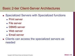 Basic 2-tier Client-Server Architectures


Specialized Servers with Specialized functions









Print server
File server
DBMS server
Web server
Email server

Clients can access the specialized servers as
needed

Copyright © 2007 Ramez Elmasri and Shamkant B. Navathe

Slide 2- 33

 
