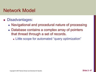 Network Model


Disadvantages:



Navigational and procedural nature of processing
Database contains a complex array of pointers
that thread through a set of records.


Little scope for automated “query optimization”

Copyright © 2007 Ramez Elmasri and Shamkant B. Navathe

Slide 2- 47

 