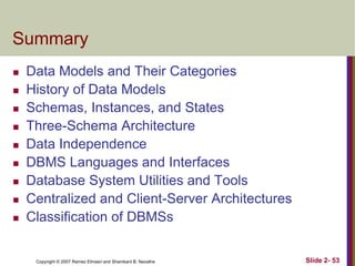 Summary











Data Models and Their Categories
History of Data Models
Schemas, Instances, and States
Three-Schema Architecture
Data Independence
DBMS Languages and Interfaces
Database System Utilities and Tools
Centralized and Client-Server Architectures
Classification of DBMSs

Copyright © 2007 Ramez Elmasri and Shamkant B. Navathe

Slide 2- 53

 