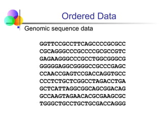 Ordered Data
 Genomic sequence data
GGTTCCGCCTTCAGCCCCGCGCC
CGCAGGGCCCGCCCCGCGCCGTC
GAGAAGGGCCCGCCTGGCGGGCG
GGGGGAGGCGGGGCCGCCCGAGC
CCAACCGAGTCCGACCAGGTGCC
CCCTCTGCTCGGCCTAGACCTGA
GCTCATTAGGCGGCAGCGGACAG
GCCAAGTAGAACACGCGAAGCGC
TGGGCTGCCTGCTGCGACCAGGG
 