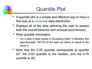 Quantile Plot
 A quantile plot is a simple and effective way to have a
first look at a univariate data distribution
 Displays all of the data (allowing the user to assess
both the overall behavior and unusual occurrences)
 Plots quantile information
 For a data xi data sorted in increasing order, fi indicates that
approximately 100 fi% of the data are below or equal to the
value xi
 Note that the 0.25 quantile corresponds to quartile
Q1, the 0.50 quantile is the median, and the 0.75
quantile is Q3.
 
