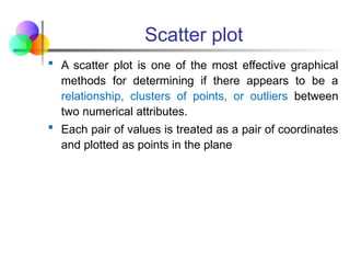 Scatter plot
 A scatter plot is one of the most effective graphical
methods for determining if there appears to be a
relationship, clusters of points, or outliers between
two numerical attributes.
 Each pair of values is treated as a pair of coordinates
and plotted as points in the plane
 