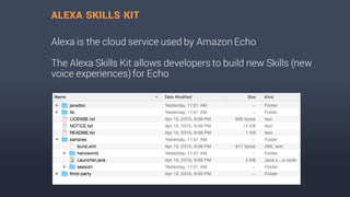 Alexa is the cloud service used by AmazonEcho
The Alexa Skills Kit allows developers to build new Skills (new
voice experiences) for Echo
ALEXA SKILLS KIT
 