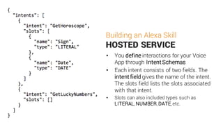 Building an Alexa Skill
HOSTED SERVICE
• You define interactions for your Voice
App through Intent Schemas
• Each intent consists of two fields. The
intent field gives the name of the intent.
The slots field lists the slots associated
with that intent.
• Slots can also included types such as
LITERAL,NUMBER,DATE,etc.
 