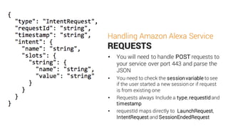 Handling Amazon Alexa Service
REQUESTS
• You will need to handle POST requests to
your service over port 443 and parse the
JSON
• You need to check the session variable to see
if the user started a new session or if request
is from existing one
• Requests always Include a type,requestId and
timestamp
• requestId maps directly to LaunchRequest,
IntentRequest and SessionEndedRequest
 