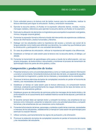 ÁREAS CURRICULARES
3. Como actividad previa a la lectura oral de textos nuevos para los estudiantes, realizar la
lectura silenciosa para lograr la articulación, fluidez y entonación necesarias.
4. Ejercitar la escucha atenta y la fluidez en la expresión utilizando diarios, revistas, música,
mensajes radiales y televisivos para ejercitar la escucha atenta y la fluidez en la expresión.
5. Estimular la utilización de elementos no lingüísticos para acompañar la expresión oral (gestos,
mímica, lenguaje corporal global).
6. Fomentar la expresión formal e informal a través del intercambio de experiencias cotidianas,
lectura de información y textos funcionales y literarios.
7. Dialogar con los estudiantes sobre la importancia del acceso y correcto uso social de la
lengua estándar como medio para defender sus derechos, los cuales hay que fortalecer para
la construcción y participación en una sociedad democrática.
8. En caso de problemas de articulación, reforzar la importancia del respeto a las diferencias.
9. Establecer un tiempo en cada sesión para la lectura oral, la escucha atenta, el diálogo y el
debate.
10. Fomentar la transmisión de aprendizajes entre pares a través de la reformulación, con sus
propios lenguajes, de textos leídos o escuchados y monitorear el proceso de transmisión de
aprendizajes hacia los pares de otros grados y ciclos.
Comprensión y producción de textos
1. Presentar la lectura como una actividad placentera y como un medio para obtener información
y construir conocimiento, fomentando la lectura de todo tipo de texto, en especial de aquellos
que estimulen la imaginación y partan de los intereses y necesidades de los estudiantes.
2. Promover la lectura silenciosa de textos de complejidad creciente sin perder el horizonte de
interés y las necesidades del estudiante.
3. Establecer un tiempo en cada sesión para la lectura silenciosa y la comprensión lectora
individual, analizando permanentemente los rasgos distintivos de los tipos de textos con la
aplicación de ordenadores gráficos.
4. Establecer grupos de intercambio de opiniones sobre los mensajes de los textos leídos y de
profundización en el conocimiento de la realidad histórico-social de las épocas y períodos de
los textos.
5. El docente siempre debe ser ejemplo lector y compartir los temas y las enseñanza de sus
lecturas como motivación, presentar la redacción como una actividad placentera y compartir
los temas y las enseñanzas de sus creaciones como motivación.
6. Fomentar la formulación de temas, personajes y contextos a partir de las vivencias, necesidades
e intereses de los estudiantes, estableciendo un tiempo en cada sesión de aprendizajes para
estimular la creación literaria.
7. Utilizar correcta y permanentemente los signos de puntuación y de entonación.
8. Promover la redacción de textos de complejidad creciente sin perder el horizonte del interés
y las necesidades del estudiante.
Ministerio de Educación 105
 