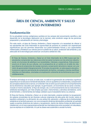 ÁREAS CURRICULARES
ÁREA DE CIENCIA, AMBIENTE Y SALUD
CICLO INTERMEDIO
Fundamentación
En la actualidad vivimos vertiginosos cambios en los campos del conocimiento científico y del
desarrollo de la tecnología (aplicación de la ciencia); esta condición exige de las personas
preparación y actualización en ciencia y tecnología.
Por esta razón, el área de Ciencia, Ambiente y Salud responde a la necesidad de ofrecer a
los estudiantes del Ciclo Intermedio la oportunidad de ponerse en contacto con experiencias
significativas que les permitan desarrollar sus potencialidades físicas y sus capacidades
intelectuales y fortalecer sus valores para el cuidado de su salud, protección del ambiente y uso
adecuado de la tecnología para alcanzar una buena calidad de vida.
El Área de Ciencia, Ambiente y Salud en el Ciclo Intermedio de la EBA busca que los
estudiantes comprendan las relaciones entre los seres humanos con los entornos natural y
social, en el proceso de satisfacer sus necesidades, intereses y expectativas. Este proceso
ocurre en el marco de sus culturas, con la perspectiva de un cambio en el estilo de vida,
que refuerce el compromiso de manejo racional y conservación del entorno natural, con una
visión de generosidad intergeneracional. El proceso de aprender, en este espacio educativo,
involucra un ejercicio permanente de comprensión de hechos, conceptos y teorías científicas
referidas a la Naturaleza, orientadas a la explicación coherente de los fenómenos que viven
cotidianamente.
El énfasis del trabajo en el aula, en este ciclo, no está en la generación de contenidos cognitivos
específicos en la estructura mental del estudiante, sino en ayudarlos en el desarrollo y comprensión
de conceptos básicos de la ciencia, en entender más el cómo que el cuánto en el comportamiento
de los fenómenos naturales (por ejemplo, la germinación, el movimiento de los seres vivientes,
incluido el mismo estudiante, el flujo de energía, etc.) o el funcionamiento de los instrumentos y
artefactos tecnológicos, por más simples que sean, instrumentos y utensilios domésticos, como
el termómetro, o herramientas de trabajo cotidiano que el estudiante tiene a su alcance.
El Área de Ciencia, Ambiente y Salud, en el ciclo intermedio, propicia también la recuperación
de saberes ancestrales de las diversas culturas originarias de esta parte del mundo, sobre el
equilibrio ambiental y la afirmación de una actitud de valoración y defensa de la biodiversidad
existente en el territorio peruano; con una concepción dinámica del equilibrio ambiental, el cual está
sujeto a eventos dinámicos de ruptura y recuperación, dentro de ciertos límites de deformación
(resiliencia), en el marco general para entender las interrelaciones entre sociedad y la naturaleza,
que se expresa en el desarrollo, el cual se desea sea sostenible a escala humana.
Ministerio de Educación 133
 