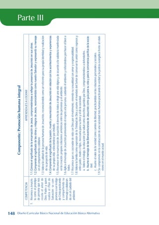 Parte III
Componente:
Promoción
humana
integral
COMPETENCIA
APRENDIZAJES
A
LOGRAR
1.
Reconoce
a
Jesucris-
to
como
el
prototipo
de
persona
que
nos
revela
el
amor
de
Dios
Padre
y
quien
realiza
el
Plan
de
Salvación;
se
com-
promete
a
ser
testigo
de
Cristo
practicando
y
compartiendo
su
mensaje
y
colaboran-
do
en
el
cuidado
del
ambiente
1.1.
Conoce
el
significado
de
la
encarnación
de
Jesús,
comprometiéndose
a
reflejar
la
presencia
de
Jesucristo
en
sus
obras.
1.2.
Comprende
el
significado
de
las
obras
y
milagros
de
Jesús,
reconociéndolo
como
nuestro
Salvador
y
expresando
su
mensaje
en
el
comportamiento
cotidiano
1.3.
Valora
la
calidad
de
la
persona
humana
de
Jesucristo,
reconociéndolo
como
un
referente
para
su
propia
identidad
y
realización
de
su
proyecto
de
vida.
1.4.
Comprende
el
significado
de
la
pasión,
muerte
y
resurrección
de
Jesucristo
en
relación
con
los
acontecimientos
y
experiencias
de
su
propia
vida,
esforzándose
por
imitarlo.
1.5.
Reconoce
en
la
resurrección
de
Jesucristo
el
derecho
de
todos
a
elegir
una
vida
digna
y,
de
acuerdo
a
la
sabiduría
manifestada
en
la
creación,
propone
relaciones
armónicas
entre
las
personas
y
el
ambiente.
1.6.
Aplica
el
mensaje
de
Jesucristo
promoviendo
el
respeto
a
la
persona,
cuidando
el
ambiente
y
esforzándose
por
hacer
el
bien
a
todos.
1.7.
Reconoce
que
es
cocreador
de
vida
con
Dios
por
el
matrimonio,
viviendo
su
sexualidad
con
amor
y
responsabilidad.
1.8.
Valora
la
familia
como
expresión
de
la
Trinidad
de
Dios
y
asume
el
mandato
del
Señor
de
conservar
la
unión
como
esposos
y
entre
padre,
madre
e
hijos,
necesaria
para
su
bien
y
el
de
la
sociedad.
a.
Valora
el
trabajo,
la
educación
y
la
salud
como
derechos
queridos
por
Dios,
comprometiéndose
a
defenderlos.
b.
Asume
el
mensaje
de
las
Bienaventuranzas
de
Jesucristo
como
guía
para
su
vida
y
para
la
convivencia
pacífica
de
la
socie-
dad.
c.
Asume
el
valor
de
la
verdad
como
camino
de
libertad,
practicándola
en
las
relaciones
personales
y
sociales.
1.9.
Se
compromete
en
la
construcción
de
una
sociedad
más
humana
practicando
la
verdad
y
la
justicia
evangélica
frente
al
relati-
vismo
en
el
mundo
actual.
148 Diseño Curricular Básico Nacional de Educación Básica Alternativa
 