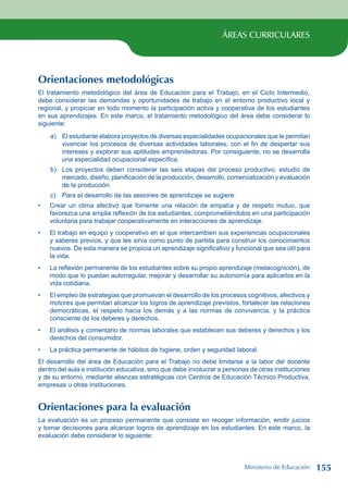 ÁREAS CURRICULARES
Orientaciones metodológicas
El tratamiento metodológico del área de Educación para el Trabajo, en el Ciclo Intermedio,
debe considerar las demandas y oportunidades de trabajo en el entorno productivo local y
regional, y propiciar en todo momento la participación activa y cooperativa de los estudiantes
en sus aprendizajes. En este marco, el tratamiento metodológico del área debe considerar lo
siguiente:
a) El estudiante elabora proyectos de diversas especialidades ocupacionales que le permitan
vivenciar los procesos de diversas actividades laborales, con el fin de despertar sus
intereses y explorar sus aptitudes emprendedoras. Por consiguiente, no se desarrolla
una especialidad ocupacional específica.
b) Los proyectos deben considerar las seis etapas del proceso productivo: estudio de
mercado, diseño, planificación de la producción, desarrollo, comercialización y evaluación
de la producción.
c) Para el desarrollo de las sesiones de aprendizaje se sugiere:
Crear un clima afectivo que fomente una relación de empatía y de respeto mutuo, que
favorezca una amplia reflexión de los estudiantes, comprometiéndolos en una participación
voluntaria para trabajar cooperativamente en interacciones de aprendizaje.
El trabajo en equipo y cooperativo en el que intercambien sus experiencias ocupacionales
y saberes previos, y que les sirva como punto de partida para construir los conocimientos
nuevos. De esta manera se propicia un aprendizaje significativo y funcional que sea útil para
la vida.
La reflexión permanente de los estudiantes sobre su propio aprendizaje (metacognición), de
modo que lo puedan autorregular, mejorar y desarrollar su autonomía para aplicarlos en la
vida cotidiana.
El empleo de estrategias que promuevan el desarrollo de los procesos cognitivos, afectivos y
motores que permitan alcanzar los logros de aprendizaje previstos, fortalecer las relaciones
democráticas, el respeto hacia los demás y a las normas de convivencia, y la práctica
consciente de los deberes y derechos.
El análisis y comentario de normas laborales que establecen sus deberes y derechos y los
derechos del consumidor.
La práctica permanente de hábitos de higiene, orden y seguridad laboral.
El desarrollo del área de Educación para el Trabajo no debe limitarse a la labor del docente
dentro del aula e institución educativa, sino que debe involucrar a personas de otras instituciones
y de su entorno, mediante alianzas estratégicas con Centros de Educación Técnico Productiva,
empresas u otras instituciones.
Orientaciones para la evaluación
La evaluación es un proceso permanente que consiste en recoger información, emitir juicios
y tomar decisiones para alcanzar logros de aprendizaje en los estudiantes. En este marco, la
evaluación debe considerar lo siguiente:
•
•
•
•
•
•
Ministerio de Educación 155
 