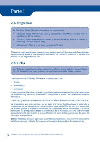 Parte I
La Educación Básica Alternativa comprende los programas de:
Educación Básica Alternativa de Niños y Adolescentes (PEBANA). Atiende a niños y
adolescentes de 9 a 18 años.
Educación Básica Alternativa de Jóvenes y Adultos (PEBAJA). Atiende a jóvenes y
adultos de 18 a más años de edad.
Alfabetización. Atiende a personas mayores de 15 años.
•
•
•
El ingreso a cualquiera de estos programas es a solicitud personal. Se puede pedir Convalidación,
Revalidación de estudios y la aplicación de Pruebas de Ubicación, conforme lo establece el
artículo 22º del Reglamento de EBA.
2.2. Ciclos
Los Ciclos son procesos educativos que se desarrollan en función de logros de aprendizaje
(Art. 28 de la LGE) que están establecidos en el Diseño Curricular Básico Nacional.
Los Programas de PEBANA y PEBAJA se organizan por ciclos:
Inicial,
Intermedio y
Avanzado.
Los programas deAlfabetización tienen como fin el autodesarrollo y el despliegue de capacidades
de lectoescritura y de cálculo matemático. Corresponden al primer Ciclo de Educación Básica
Alternativa.
Los ciclos y grados de los programas de Educación Básica Alternativa son de duración flexible.
La organización por ciclos permite, por un lado, una mayor flexibilidad para el desarrollo y
organización de las competencias y aprendizajes a lograr del DCBN; por otro lado, desarrollar
de manera gradual y progresiva los niveles de complejidad de los aprendizajes. Los ciclos
constituyen las principales unidades de la estructura de la modalidad, que una vez concluidos
satisfactoriamente dan derecho a una certificación. El logro de los aprendizajes de grado da
derecho a una constancia.
El Ciclo Inicial está destinado a personas con analfabetismo absoluto o con un dominio muy precario
de la lecto-escritura y cálculo. Corresponde a los grados de iniciación y de reforzamiento.
•
•
•
2.1. Programas:
12 Diseño Curricular Básico Nacional de Educación Básica Alternativa
 