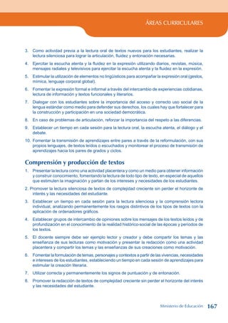 ÁREAS CURRICULARES
3. Como actividad previa a la lectura oral de textos nuevos para los estudiantes, realizar la
lectura silenciosa para lograr la articulación, fluidez y entonación necesarias.
4. Ejercitar la escucha atenta y la fluidez en la expresión utilizando diarios, revistas, música,
mensajes radiales y televisivos para ejercitar la escucha atenta y la fluidez en la expresión.
5. Estimular la utilización de elementos no lingüísticos para acompañar la expresión oral (gestos,
mímica, lenguaje corporal global).
6. Fomentar la expresión formal e informal a través del intercambio de experiencias cotidianas,
lectura de información y textos funcionales y literarios.
7. Dialogar con los estudiantes sobre la importancia del acceso y correcto uso social de la
lengua estándar como medio para defender sus derechos, los cuales hay que fortalecer para
la construcción y participación en una sociedad democrática.
8. En caso de problemas de articulación, reforzar la importancia del respeto a las diferencias.
9. Establecer un tiempo en cada sesión para la lectura oral, la escucha atenta, el diálogo y el
debate.
10. Fomentar la transmisión de aprendizajes entre pares a través de la reformulación, con sus
propios lenguajes, de textos leídos o escuchados y monitorear el proceso de transmisión de
aprendizajes hacia los pares de grados y ciclos.
Comprensión y producción de textos
1. Presentar la lectura como una actividad placentera y como un medio para obtener información
y construir conocimiento, fomentando la lectura de todo tipo de texto, en especial de aquellos
que estimulen la imaginación y partan de los intereses y necesidades de los estudiantes.
2. Promover la lectura silenciosa de textos de complejidad creciente sin perder el horizonte de
interés y las necesidades del estudiante.
3. Establecer un tiempo en cada sesión para la lectura silenciosa y la comprensión lectora
individual, analizando permanentemente los rasgos distintivos de los tipos de textos con la
aplicación de ordenadores gráficos.
4. Establecer grupos de intercambio de opiniones sobre los mensajes de los textos leídos y de
profundización en el conocimiento de la realidad histórico-social de las épocas y períodos de
los textos.
5. El docente siempre debe ser ejemplo lector y creador y debe compartir los temas y las
enseñanza de sus lecturas como motivación y presentar la redacción como una actividad
placentera y compartir los temas y las enseñanzas de sus creaciones como motivación.
6. Fomentar la formulación de temas, personajes y contextos a partir de las vivencias, necesidades
e intereses de los estudiantes, estableciendo un tiempo en cada sesión de aprendizajes para
estimular la creación literaria.
7. Utilizar correcta y permanentemente los signos de puntuación y de entonación.
8. Promover la redacción de textos de complejidad creciente sin perder el horizonte del interés
y las necesidades del estudiante.
Ministerio de Educación 167
 
