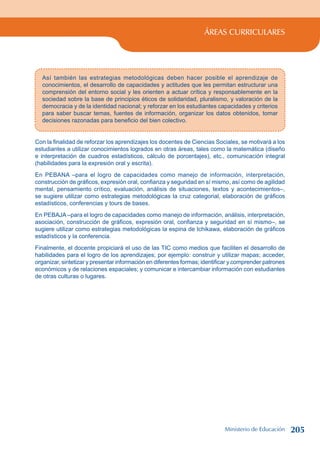 ÁREAS CURRICULARES
Así también las estrategias metodológicas deben hacer posible el aprendizaje de
conocimientos, el desarrollo de capacidades y actitudes que les permitan estructurar una
comprensión del entorno social y les orienten a actuar crítica y responsablemente en la
sociedad sobre la base de principios éticos de solidaridad, pluralismo, y valoración de la
democracia y de la identidad nacional; y reforzar en los estudiantes capacidades y criterios
para saber buscar temas, fuentes de información, organizar los datos obtenidos, tomar
decisiones razonadas para beneficio del bien colectivo.
Con la finalidad de reforzar los aprendizajes los docentes de Ciencias Sociales, se motivará a los
estudiantes a utilizar conocimientos logrados en otras áreas, tales como la matemática (diseño
e interpretación de cuadros estadísticos, cálculo de porcentajes), etc., comunicación integral
(habilidades para la expresión oral y escrita).
En PEBANA –para el logro de capacidades como manejo de información, interpretación,
construcción de gráficos, expresión oral, confianza y seguridad en sí mismo, así como de agilidad
mental, pensamiento crítico, evaluación, análisis de situaciones, textos y acontecimientos–,
se sugiere utilizar como estrategias metodológicas la cruz categorial, elaboración de gráficos
estadísticos, conferencias y tours de bases.
En PEBAJA –para el logro de capacidades como manejo de información, análisis, interpretación,
asociación, construcción de gráficos, expresión oral, confianza y seguridad en sí mismo–, se
sugiere utilizar como estrategias metodológicas la espina de Ichikawa, elaboración de gráficos
estadísticos y la conferencia.
Finalmente, el docente propiciará el uso de las TIC como medios que faciliten el desarrollo de
habilidades para el logro de los aprendizajes; por ejemplo: construir y utilizar mapas; acceder,
organizar, sintetizar y presentar información en diferentes formas; identificar y comprender patrones
económicos y de relaciones espaciales; y comunicar e intercambiar información con estudiantes
de otras culturas o lugares.
Ministerio de Educación 205
 