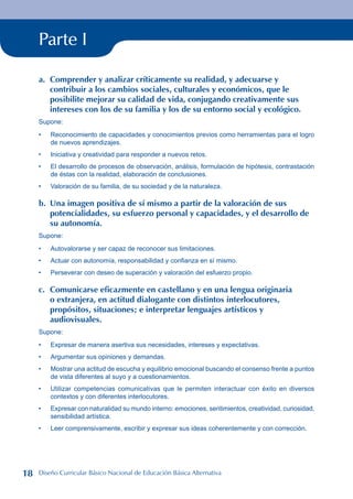 Parte I
a. Comprender y analizar críticamente su realidad, y adecuarse y
contribuir a los cambios sociales, culturales y económicos, que le
posibilite mejorar su calidad de vida, conjugando creativamente sus
intereses con los de su familia y los de su entorno social y ecológico.
Supone:
Reconocimiento de capacidades y conocimientos previos como herramientas para el logro
de nuevos aprendizajes.
Iniciativa y creatividad para responder a nuevos retos.
El desarrollo de procesos de observación, análisis, formulación de hipótesis, contrastación
de éstas con la realidad, elaboración de conclusiones.
Valoración de su familia, de su sociedad y de la naturaleza.
b. Una imagen positiva de sí mismo a partir de la valoración de sus
potencialidades, su esfuerzo personal y capacidades, y el desarrollo de
su autonomía.
Supone:
Autovalorarse y ser capaz de reconocer sus limitaciones.
Actuar con autonomía, responsabilidad y confianza en sí mismo.
Perseverar con deseo de superación y valoración del esfuerzo propio.
c. Comunicarse eficazmente en castellano y en una lengua originaria
o extranjera, en actitud dialogante con distintos interlocutores,
propósitos, situaciones; e interpretar lenguajes artísticos y
audiovisuales.
Supone:
Expresar de manera asertiva sus necesidades, intereses y expectativas.
Argumentar sus opiniones y demandas.
Mostrar una actitud de escucha y equilibrio emocional buscando el consenso frente a puntos
de vista diferentes al suyo y a cuestionamientos.
Utilizar competencias comunicativas que le permiten interactuar con éxito en diversos
contextos y con diferentes interlocutores.
Expresar con naturalidad su mundo interno: emociones, sentimientos, creatividad, curiosidad,
sensibilidad artística.
Leer comprensivamente, escribir y expresar sus ideas coherentemente y con corrección.
•
•
•
•
•
•
•
•
•
•
•
•
•
18 Diseño Curricular Básico Nacional de Educación Básica Alternativa
 