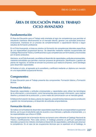 ÁREAS CURRICULARES
ÁREA DE EDUCACIÓN PARA EL TRABAJO
CICLO AVANZADO
Fundamentación
El Área de Educación para el Trabajo está orientada al logro de competencias que permitan al
estudiante insertarse efectivamente en el mercado laboral, generar una actividad productiva-
empresarial, insertarse en un proceso de complementación o capacitación técnica o seguir
estudios de formación profesional.
En el Ciclo Avanzando, el área se orienta a la formación de competencias laborales específicas
de una especialidad ocupacional técnica. Se desarrolla mediante módulos ocupacionales del
Catálogo Nacional de Títulos y Certificaciones cuyas competencias son formuladas y reconocidas
por el sector productivo.
Asimismo, en el CicloAvanzado, se enfatiza el desarrollo de capacidades y actitudes empresariales,
mediante actividades que permiten vivenciar procesos de generación, planificación y gestión de
planes de negocios, en donde se simulan los procesos que realiza la empresa, como estrategia
para desarrollar capacidades.
Al finalizar el ciclo, al egresado se le acreditará y certificará mediante un diploma con mención
en una especialidad ocupacional técnica.
Componentes
El área Educación para el Trabajo presenta dos componentes: Formación básica y Formación
técnica.
Formación básica
Desarrolla capacidades y actitudes empresariales y capacidades para utilizar las tecnologías
de la información y comunicación; como herramientas para procesar información, para mejorar
diseños y procesos de la producción, y como medio de comunicación con el mercado global.
Enfatiza la formulación de ideas y planes de negocios, procedimientos básicos para la constitución
y gestión de microempresas y el desarrollo de actitudes emprendedoras.
Formación técnica
Se realiza con la finalidad de desarrollar capacidades específicas de una especialidad ocupacional
técnica, por la que el estudiante opta de acuerdo a sus intereses y aptitudes empresariales, y a
las especialidades que ofrece el CEBA.
Para la organización de la formación técnica se tomará como referente el Catálogo Nacional de
Títulos y Certificaciones. Para cada carrera, el Catálogo presenta un perfil por competencias
laborales y propone los módulos orientados al desarrollo de capacidades y actitudes para alcanzar
la competencia. En el caso de las ocupaciones técnicas que no aparecen en el Catálogo, la
Ministerio de Educación 227
 