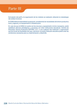 Parte III
formulación del perfil y la organización de los módulos se realizarán utilizando la metodología
del análisis funcional.
El CEBAoferta la especialidad ocupacional, considerando las necesidades del entorno productivo
local y regional y su equipamiento e infraestructura.
En caso de que el CEBA no cuente con los recursos y equipamiento mínimo necesarios, podrá
establecer alianzas estratégicas y convenios con otras instituciones educativas: Centros de
Educación Técnico Productiva CEPTRO, I.S.T.; o con cualquier otra institución u organización
que les brinde las facilidades del caso; asimismo, la propia institución educativa podrá crear las
condiciones necesarias para su implementación y desarrollo.
228 Diseño Curricular Básico Nacional de Educación Básica Alternativa
 