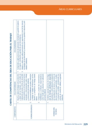 ÁREAS CURRICULARES
Cartel
de
Competencias
del
Área
de
Educación
para
el
Trabajo
COMPONENTES
CICLO
INTERMEDIO
CICLO
AVANZADO
FORMACIÓN
BÁSICA
1.
Asume
y
valora
el
trabajo
como
un
derecho
y
deber
del
ser
humano,
como
medio
de
realización
personal
y
forma
de
desarrollo
socioeconómico
en
el
marco
de
las
normas
nacionales
e
internacionales
sobre
trabajo
y
conservación
del
medio
ambiente.
2.
Demuestra
habilidades
sociales,
motivación
y
trabajo
en
equipo
al
interactuar
con
los
clientes
y
compañeros
de
trabajo
donde
labora.
3.
Comprende
y
asume
las
características,
habilidades
y
actitudes
emprendedoras
como
medio
para
alcanzar
su
realización
personal
y
laboral.
1.
Comprende
y
aplica
procesos
de
generación,
formulación
y
gestión
de
planes
de
negocio,
constitución
y
gestión
de
una
microempresa.
2.
Adopta
y
valora
una
cultura
permanente
de
capacitación
y
uso
de
las
nuevas
tecnologías
de
la
información
y
comunicación
en
su
quehacer
educativo
y
acti-
vidades
cotidianas.
FORMACIÓN
TÉCNICA
1.
Gestiona
y
ejecuta
procesos
de
investiga-
ción
de
mercado,
planificación,
desarrollo
de
productos,
comercialización
y
evaluación
de
la
producción
de
bienes
y
servicios
de
diversas
opciones
ocupacionales,
median-
te
proyectos
sencillos,
considerando
las
normas
de
control
de
calidad
y
seguridad
industrial.
Ministerio de Educación 229
 